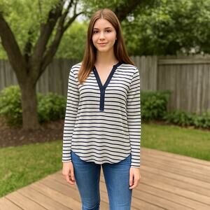H&M Striped Top Navy and White V-neck Blouse